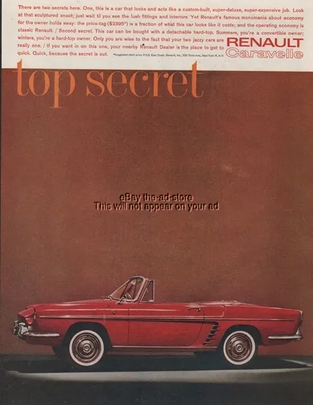 1961 Renault Caravelle Red Convertible Vintage 1960s Car Top Secret Photo Ad