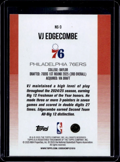 VJ Edgecombe 2025-26 Topps Now Rookie Debut Card #11 – Philadelphia 76ers RC