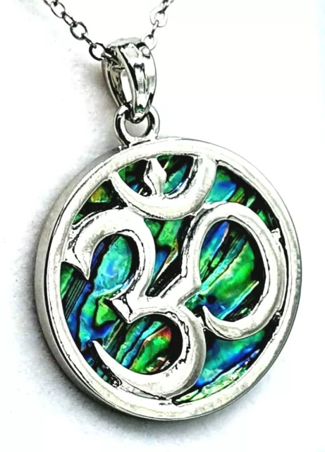 Om Abalone Paua Shell Peace Pendant Necklace 18 Inch Jewellery Gift Box