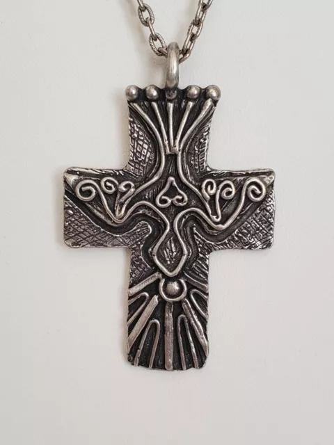 Vintage Signed Marcie Pewter Cross with Dove Design Pendant Necklace - 24"
