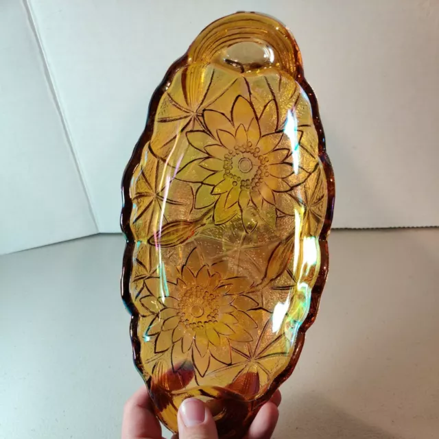 9.5"x4.5"Carnival Iridescent Yellow Gold Glass Sunflower Bread Candy Tray Bowl