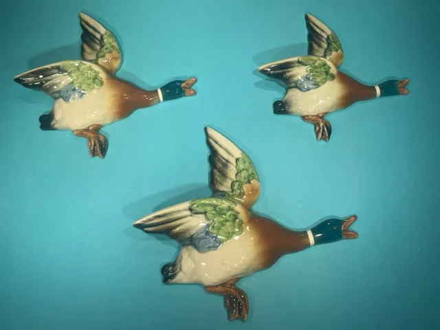 Set of Three Bretby Hand Painted Graduated Flying Ducks Similar to Beswick