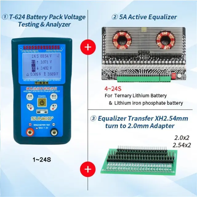 SUNKKO 4-24S Lithium Battery Pack Tester + 5A/8A Active Equalizer Balancer