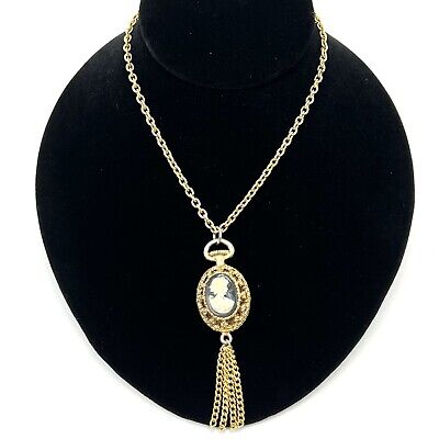 vintage gold tone pocket watch style cameo tassel pendant necklace