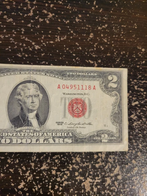 1963 Two Dollar Bill $2 Note Fancy Red Seal Old Paper Currency Bill A04951118A