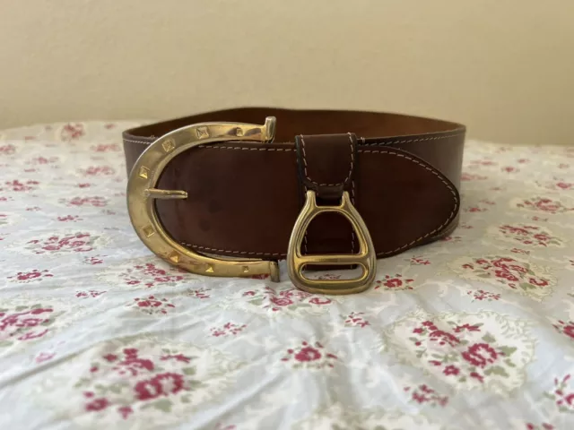 Vintage Neiman Marcus Wide Brown Leather Belt Horse Shoe Buckle Stirup  Size Med