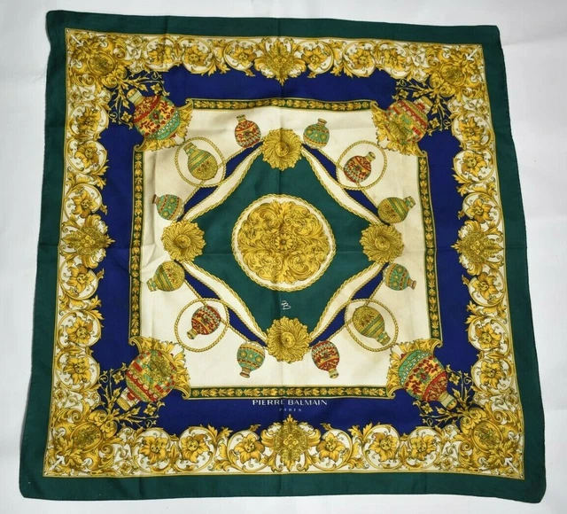 Foulard écharpe En Soie Pierre Balmain Paris Vintage - 42x148 Cm - Bleu Vert Blanc