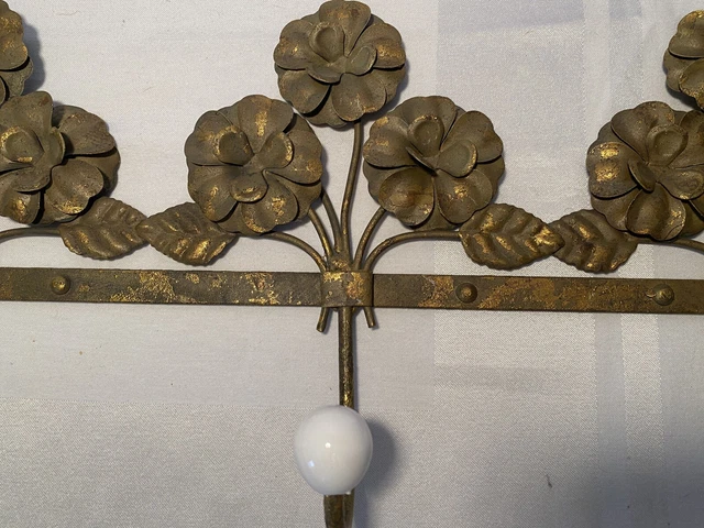 Vintage Gold Ptd Wrought Iron Coat Clothes Rack Floral Porcelain Knobs 2