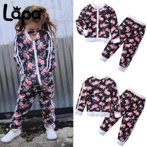 Toddler Baby Girls Floral Tracksuit Jacket Tops Pants Outfits Clothes Kids Set