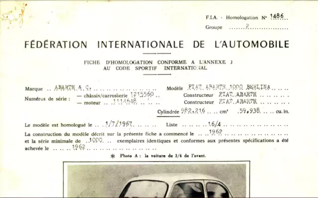 Fiat Abarth 1000 Copy Fiche D’homologation (084)
