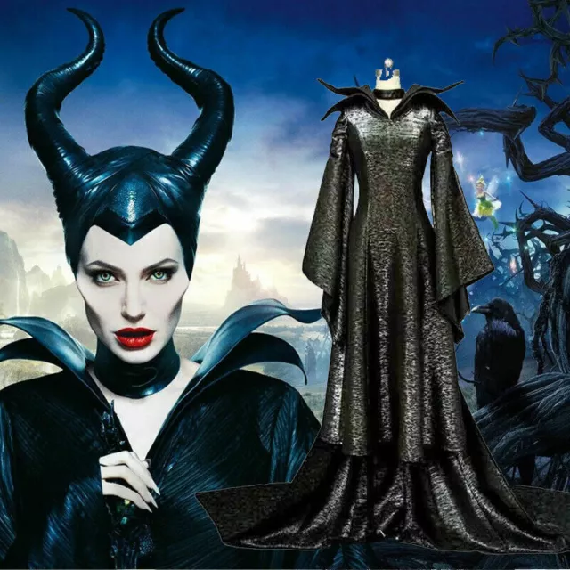 Halloween Cosplay Costume Women Maleficent Evil Queen Party Set Fancy Dress+Hat^