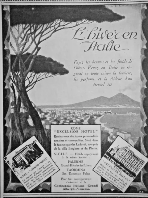 Publicité De Presse 1927 L'hiver En Italie Excelsior Hotel Palerme Taormina