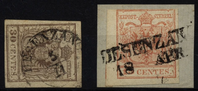 LOMBARDEI-VENETIEN 1850 2Marke:-30C und -15C, VERSCHIEDENE DESENZANO Stempeln.