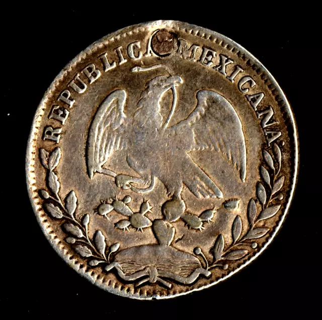 MEXICO Silver 1843 Ga-MC 4 Reales Guadalajara Mint * Repaired hole * Scarce!