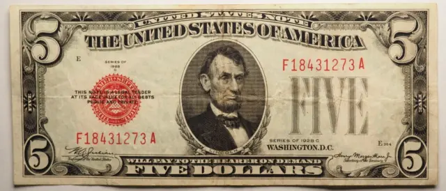 1928 **C** 5 Dollar United States Note  **Red Seal** - Free Shipping! #0371