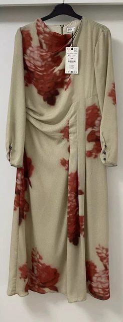 sachin and babi light blue dress ZARA ZW COLLECTION Camel Printed Long Draped Chiffon Dress With Lining Size  M £39.99