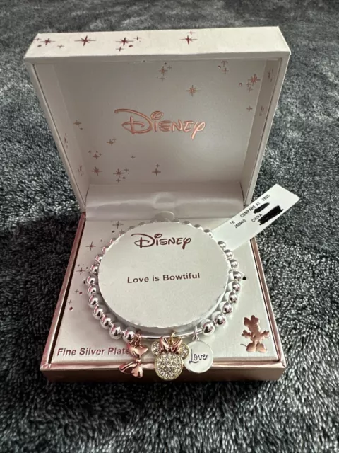 Disney Love Is Bowtiful Charm Bracelet Minnie Mouse Fine Silver Plated NEW