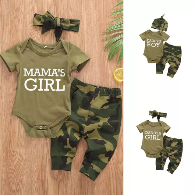 Newborn Baby Boys Girl Camouflage Clothes Romper Tops Pants Headband Outfits Set