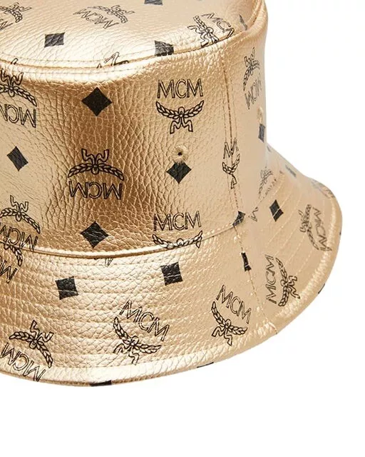 MCM Leather Bucket Hat In Visetos Champagne 2