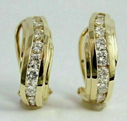 1Ct Round Cut Moissanite Hoop Omega Back Earrings 14k Solid Yellow Gold