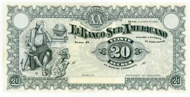 Ecuador  … P-S253b … 20 Sucres … 1920 … Choice *UNC* .. (yellowish).