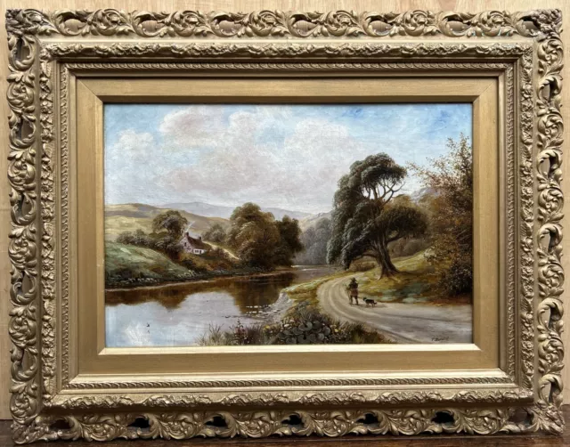 19th Century  Rural Landscape A Figure and Dog by the river Antique oil painting