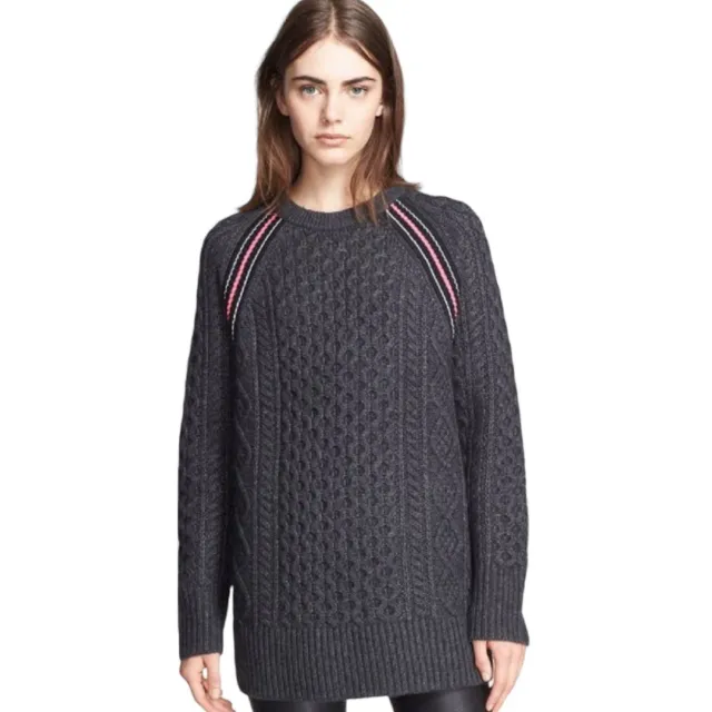 T Alexander Wang Stripe Raglan Seam Aran Knit Tunic S Wool Cashmere Sweater $495