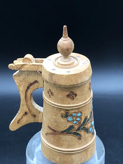 Vtg German 1914 hand painted wooden beer mug Stein Tankard flower Shot Glass
