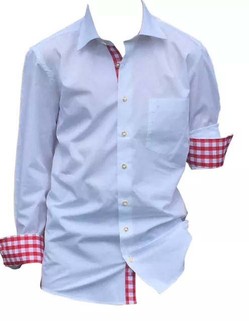 Trachtenhemden Karohemd Herren Freizeithemd Almsach weiß Rot Baumwoll L Slim Fit