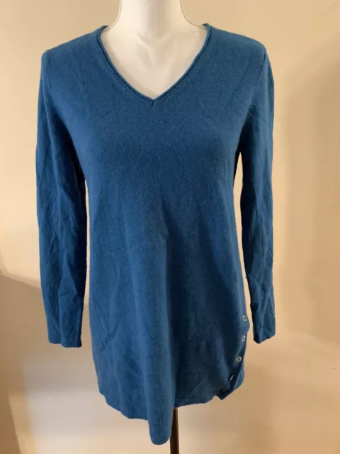 J JILL S Teal Blue Wool Cashmere V Neck Long Slv Button Accent Tunic Sweater EUC