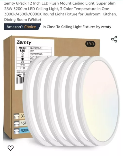 Zemty 6Pack 12 Inch LED Flush Mount Ceiling Light, Super Slim 28W 3200lm LED...