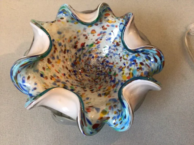 Retro 1960s Murano Art Glass Wave Bowl White Blue Clear Multi Colour End Of Day