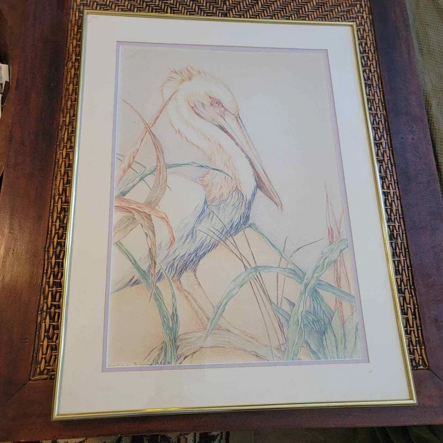 Original Louise Freshman Brown 1986 Framed Glass Blue heron pencil drawing