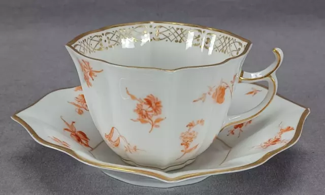 KPM Berlin Hand Painted Orange Floral & Gold Coffee Cup & Saucer C.1900 AS IS