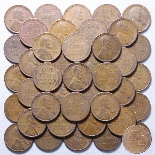 1929 S Lincoln Wheat Cent Roll 50 Circulated Pennies US Coins