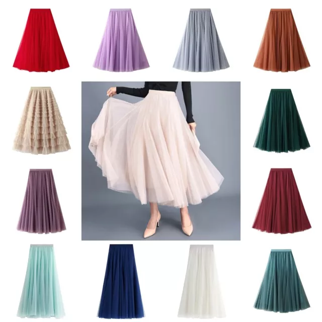 Fashion Women's Tulle Mesh Skirt Elastic High Waist Layers Pleated Long Dress AU