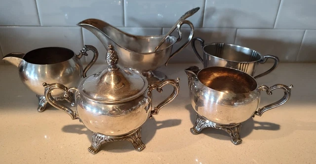Vintage Silverplate  Lot 6 Pieces 2 Cream & Sugars Gravy Boat Ladle