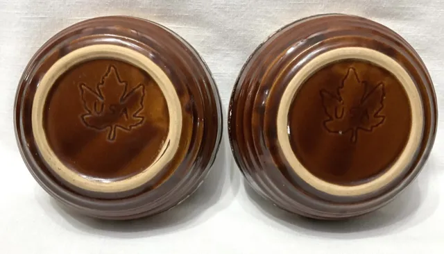 Monmouth Stoneware Bowls lot of 2 USA Brown Drip Glaze Pottery Maple Leaf Mark