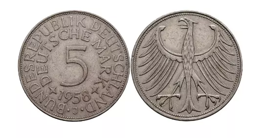 5 DM Kursmünze 1958 J nur 60.000 Ex. Jaeger 387 BRD Deutschland 276