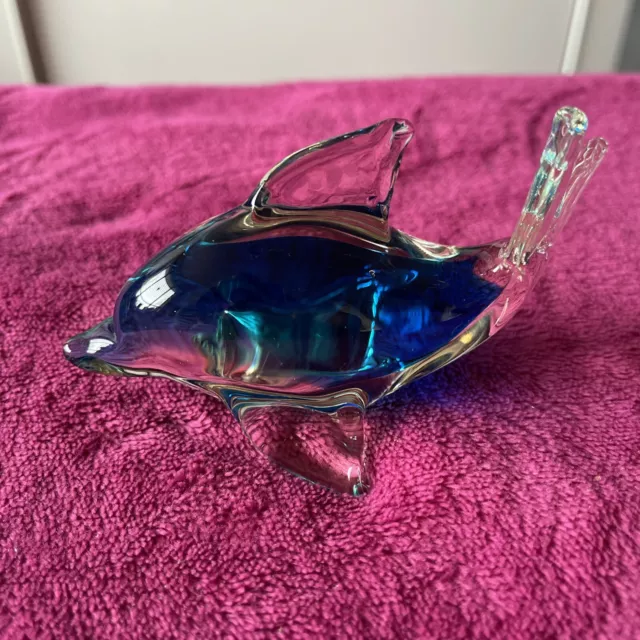 Hand Blown Blue And Clear Glass Dolphin