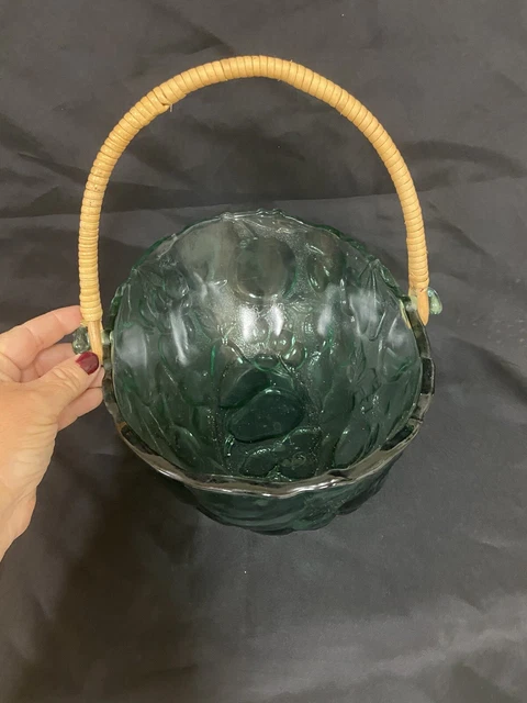 Vintage Indiana Pressed Green Glass Bowl W/ Bamboo Handle Fruit Pattern