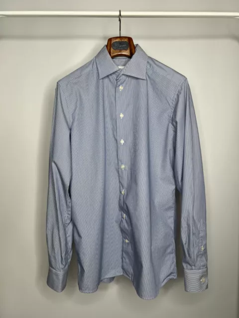 Eton Contemporary Men's Dress Shirt 41 16 Blue White Striped Button Up Casual