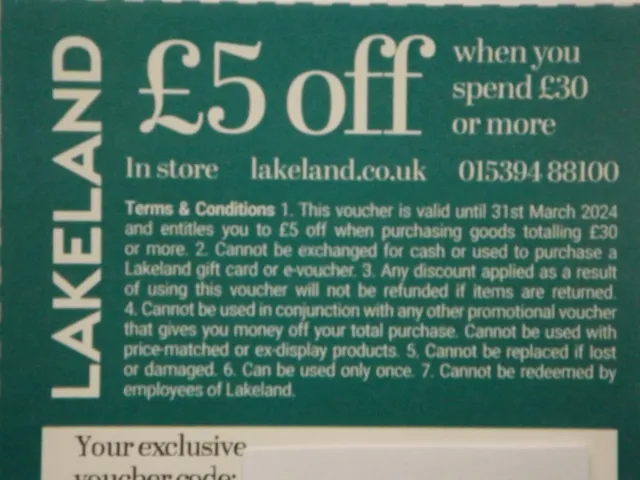 Lakeland Voucher for value £5.00 Expiry 31‐Mar‐2024 - EMAILED OUT