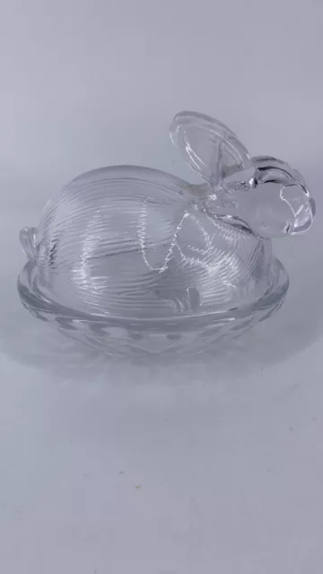 Vintage Clear Glass Easter Bunny Rabbit on Basket Nest Covered Lidded Candy Dish 3