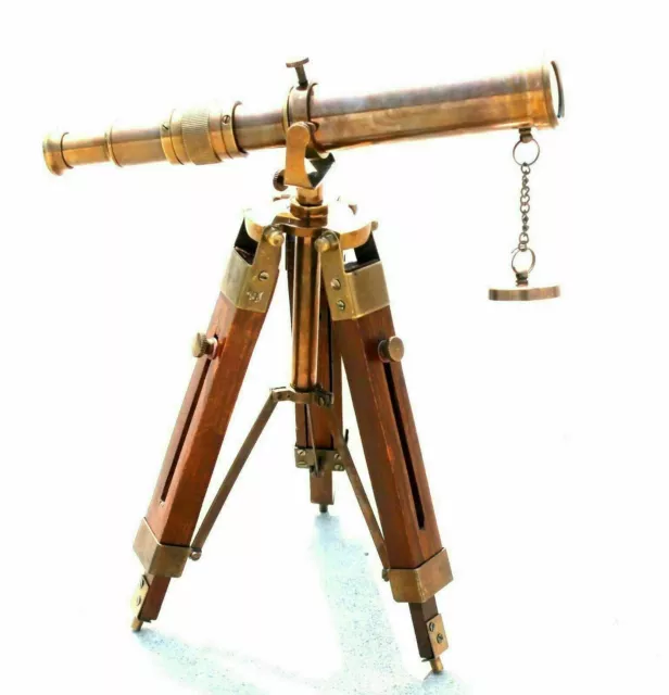 Antique Telescope With Wooden Brown Tripod Stand Brass Finish Nautical Spyglass