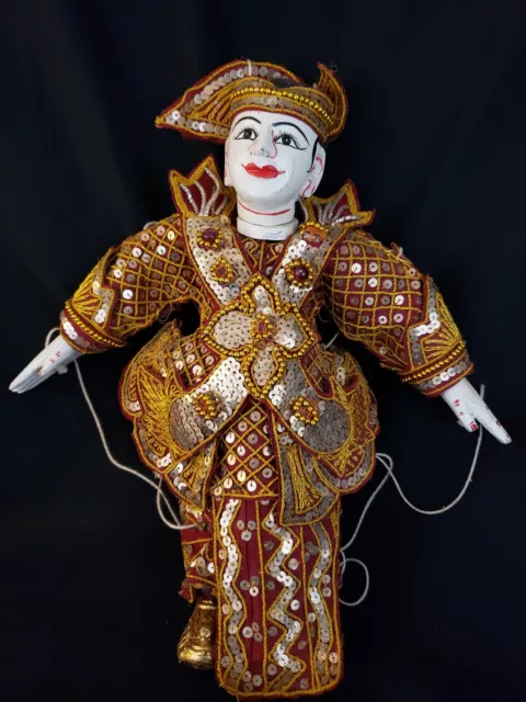 Vintage Wood Burmese Gold Thai Marionette String Puppet Carved Folk Art Tall 11"