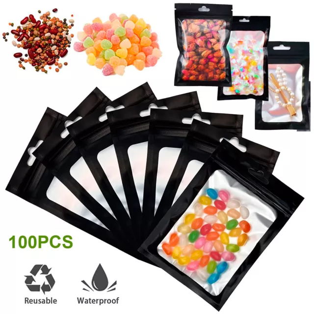 100/200 Smell Proof Black Mylar Bags Resealable Zip Lock Pouch Food Storage Bags