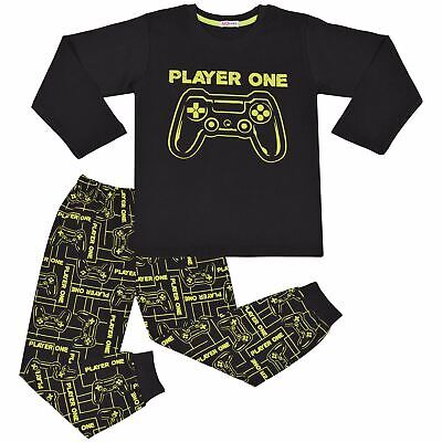Kids Girls Boys Pyjamas Player One Contrast Top Bottom Black PJS Sleepwear Set