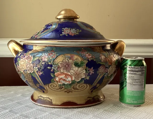 VTG Chinese Porcelain Tureen, Hand Painted, Royal Blue & Gold Floral, 12 3/4" L. 2
