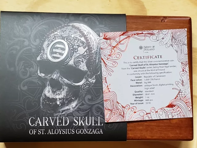 2018 Cameroun 1 oz Silver Carved Skulls Skull of St. Aloysius Gonzaga PCGS MS69 3